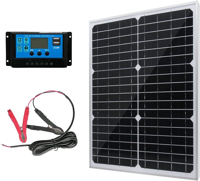 Photo 1 of 20W 12V Solar Panel Battery Charger Kit 20 Watt 12 Volt Monocrystalline PV Module for Car RV Marine Boat Caravan Off Grid System with 10A Charge Controller + Extension Cable
