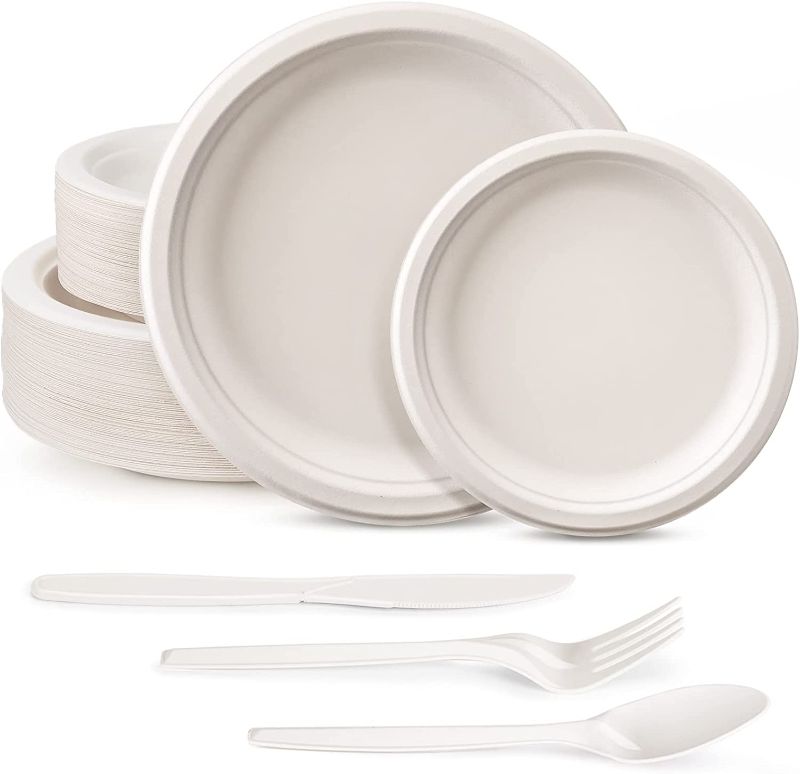 Photo 1 of 250Pcs Disposable Paper Plates Set, Compostable Plate Sugarcane Utensils Eco Friendly Dinnerware Kit Includes 50 Biodegradable Plates, Forks, Knives and Spoons for Party Camping
