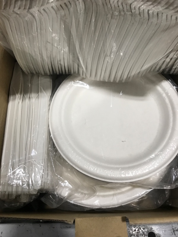 Photo 2 of 250Pcs Disposable Paper Plates Set, Compostable Plate Sugarcane Utensils Eco Friendly Dinnerware Kit Includes 50 Biodegradable Plates, Forks, Knives and Spoons for Party Camping
