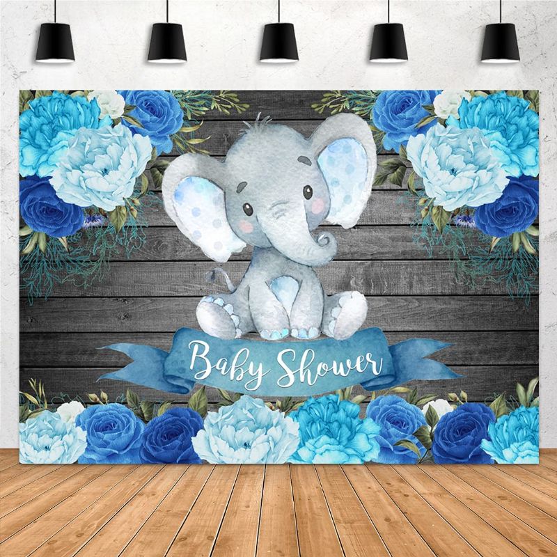 Photo 1 of Aperturee Boy Elephant Baby Shower Backdrops Blue Floral Watercolor Flowers Rustic Wood Wooden Texture Wall Photography Background Newborn It's a Boy Party Decoration Banner Props Photo Booth, unkown Size
