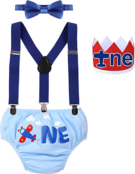 Photo 1 of Baby Boy Cake Smash First Birthday Outfit Wild One Bloomers Suspender Bowtie Headband 4PCS Set Photo Prop Costume 3-24M