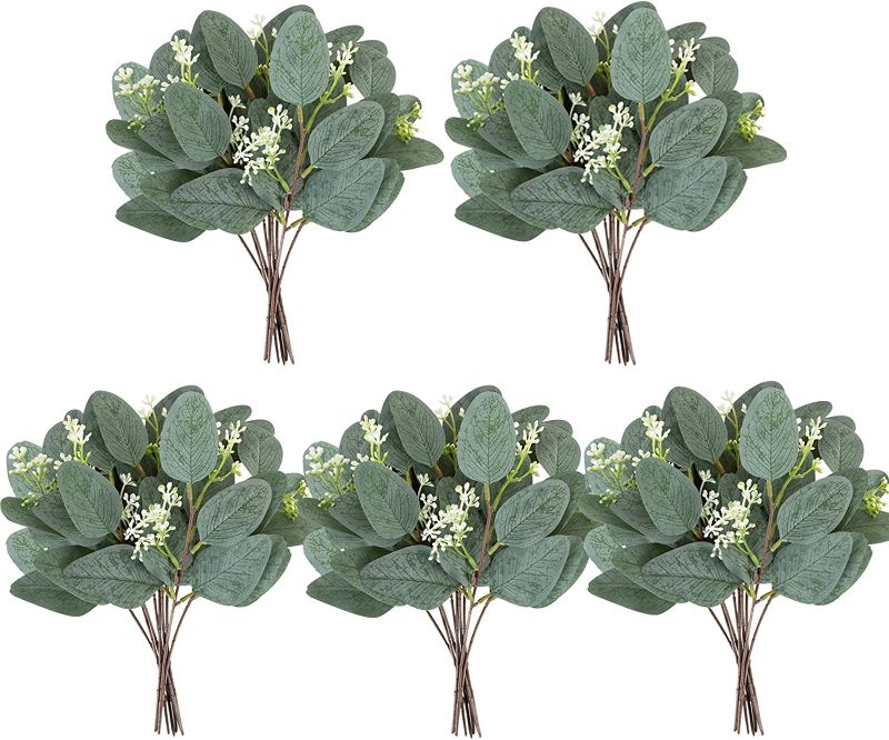 Photo 1 of ZIFTY 30-Pcs Artificial Eucalyptus Stems Bulk Silver Dollar Leaves for Wedding Greenery Decoration Floral Bouquets Wreath Arrangement Decor (Grey Green Diamond with White Seeds)