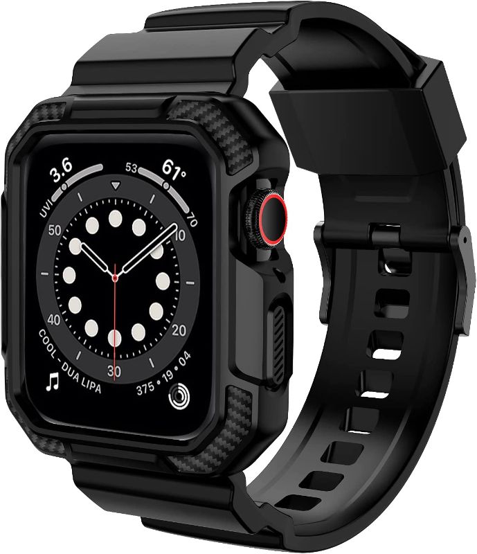 Photo 1 of OROBAY Compatible with Apple Watch Band 45mm 44mm 42mm with Case, Shockproof Rugged Band Strap for iWatch SE2 SE Series 8/7/6/5/4/3/2/1 45mm 44mm 42mm with Bumper Case Cover Men Women, Matte Black
