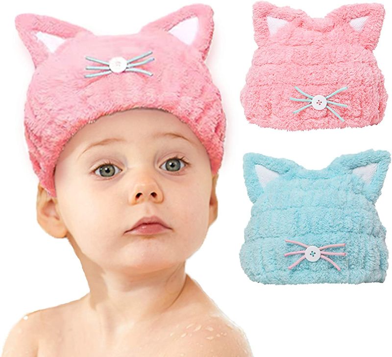 Photo 1 of mdoahny 2Pcs Microfiber Quick Drying Towel Wrap for Kids Girls, Kids Hair Towel Wrap, Cute Ears Cap Wrapped Bath Tool Hair Turban, Absorbent Hair Dry Hat Cap Lightweight Hat Headscarf , Blue and Pink