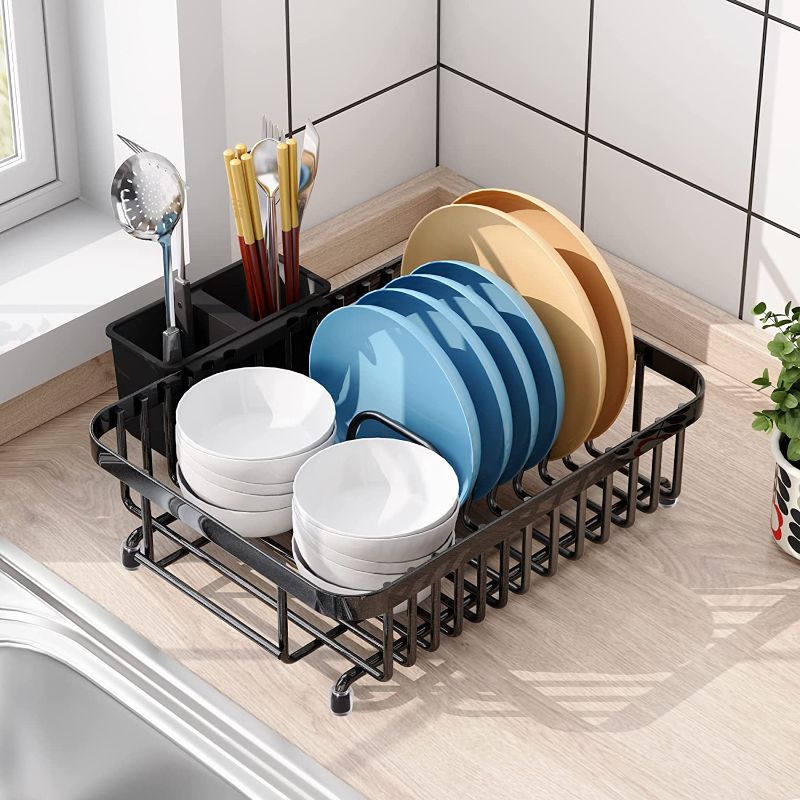 Photo 1 of 1Easylife Dish Drying Rack with Anti Rust Frame, Small Dish Drainer Rack for Kitchen Counter, Sink Dish Rack on Counter with Utensil Holder and Non-Slip Rubber Feet Rustproof for Organizer Storage