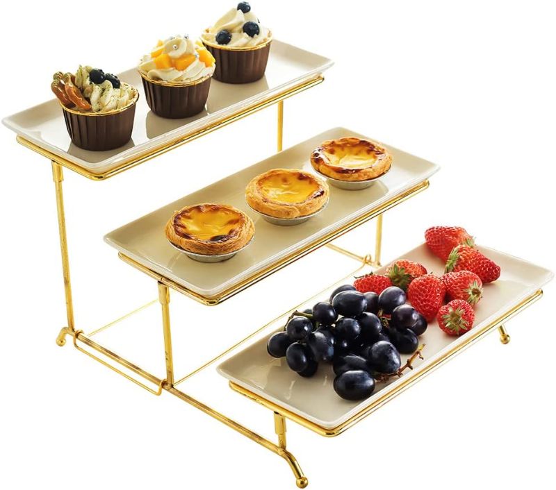 Photo 1 of YOLIFE 3 Tiered Serving Stand with Ivory Porcelain Trays Food Server Display Rack for Parties Cake Fruit Serving