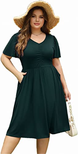 Photo 1 of AMZ PLUS Plus Size Summer Dress for Women V Neck Short Sleeve Casual Dress Flowy Pleated Swing Dress with Pockets
SIZE 2XL