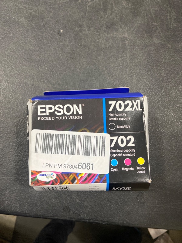Photo 1 of Epson 702 DURABrite Ultra Ink Cartridge, High Yield Black and Standard Yield Colors, Multipack CMYK (T702XL-BCS)