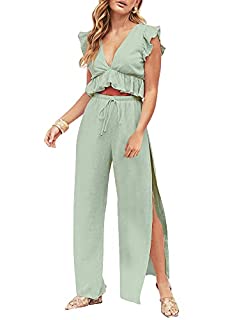 Photo 1 of 
Amazon Price History
FANCYINN Womens Two Pieces Outfits Deep V Neck Crop Top Side Slit Drawstring Wide Leg Pants Set Jumpsuits Bright Green XL