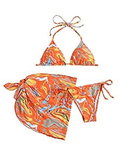 Photo 1 of 
Verdusa Women's 3 Piece Bathing Suit Triangle Bikini Swimsuit Set with Cover Up Skirt Orange and Gray L