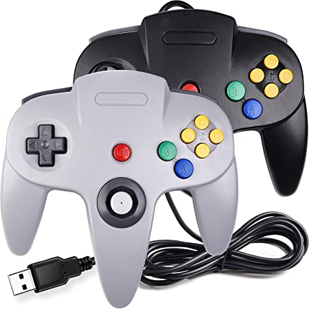 Photo 1 of 2 Pack USB Wired N64 Controller, suily Classic N64 PC Gamepad Joystick Controller for Windows PC MAC Linux Raspberry Pi 3 (Black/Gray)
