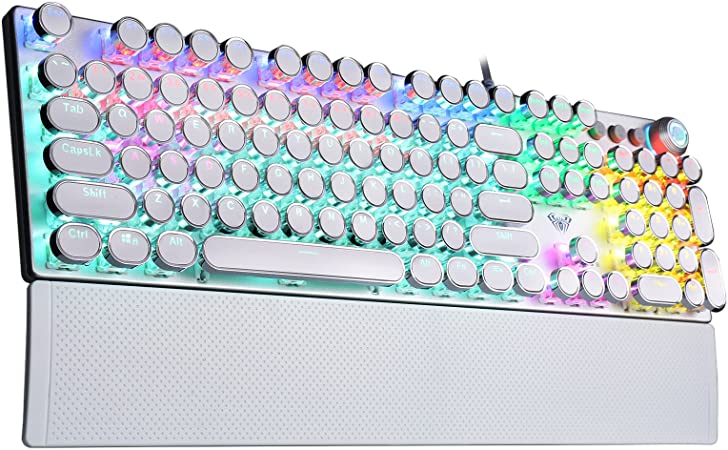 Photo 1 of F2088 Typewriter Style Mechanical Gaming Keyboard Blue Switch, with Removable Wrist Rest, Media Control Knob, RGB Rainbow Backlit, Retro Punk Round Keycaps, 108 Keys USB Wired Computer Keyboards