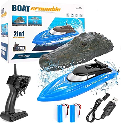 Photo 1 of 2 in 1 RC Boat for Kids and Adults, Acekid 2.4GHz 10km/H Electric Racing Boat with Two Turbo Simulation Crocodile Head Remote Control Boats for Pools and Lakes
