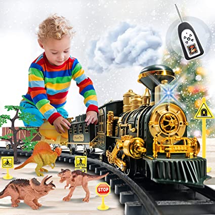 Photo 1 of FANL Train Set Toy with Remote - Upgraded Large Size Electric Train Toy Set with Dinosaurs, Battery-Powered Steam Locomotive Engine, Cargo Cars & Tracks, Gift Toys for Age 3 4 5 6 7 8+ Kids, Assorted.
