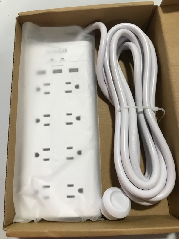Photo 2 of KUNGEAR 8-Outlet 12ft Extra Long Cord USB Surge Protector Power Strips, Low Profile Flat Plug, 5V 3.1A USB Charging Station, Wall Mount, 15A Circuit Breaker, 1050J, Idea for Home and Office, White