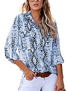 Photo 1 of Astylish Women Loose Fit 3 4 Sleeve Button Down Collared Snake Print Tunic Blouse Tops Shirts Sky Blue Medium (B09FKBZ42Q)
