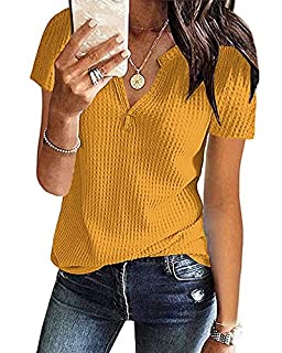 Photo 1 of AUSELILY Women's Summer Waffle Knit Short Sleeve Tunic Tops V Neck Henley Loose Blouses Shirts(Light Yellow,XL) (B08Z7L71G1)
