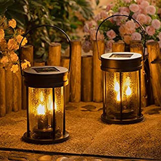 Photo 1 of Halloween Solar Garden Lanterns Outdoor Hanging Flickering Candle Lights with Raindrop Decorative Mission Lights for Patio, Yard, Table, Pathway Decoration 2 Pack (B08ZSMML1B)
