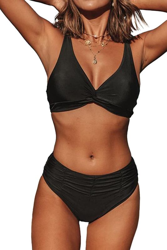 Photo 1 of Beachsissi Women Two Piece Swimsuits Solid Black Bathing Suits Twist Front Beachwear Ruched Padded Bikini Sets, Black, SIZE S