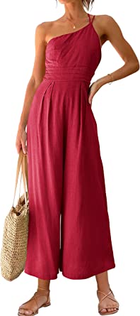 Photo 1 of ANRABESS Women's Summer Straps One Shoulder Pleated High Waist Casual Wide Leg Jumpsuit Romper with Pockets