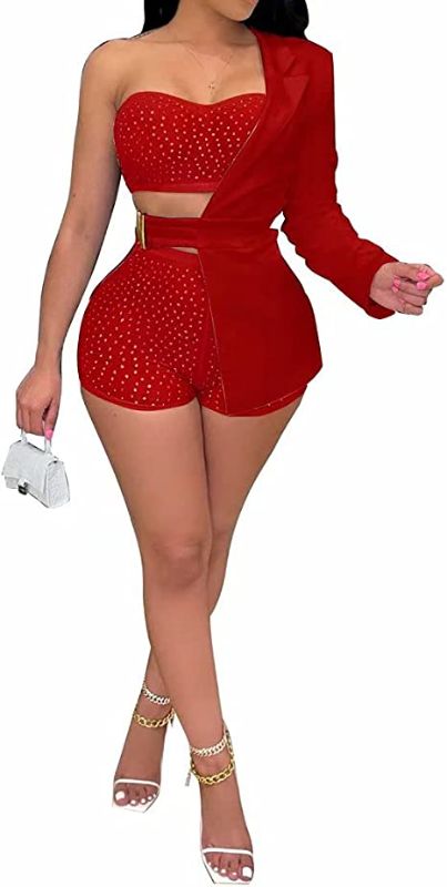 Photo 1 of 3 Piece Outfits for Women - Asymmetrical Blazer Jacket + Rhinestone Tube Top and Shorts Sets Jumpsuit Clubwear SIZE S 