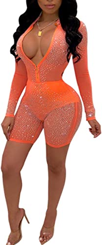 Photo 1 of acelyn Women's Sexy Rhinestone Mesh See Through Long Sleeve Bodycon Clubwear Jumpsuit Rompers SIZE M 