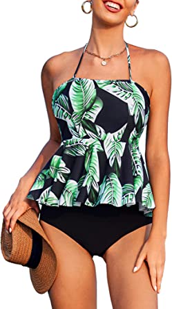 Photo 1 of ADOME Tummy Control Tankini Swimsuits for Women 2 Pcs Swimsuit Set Floral Print Ruffle Halter Swimwear SIZE XL