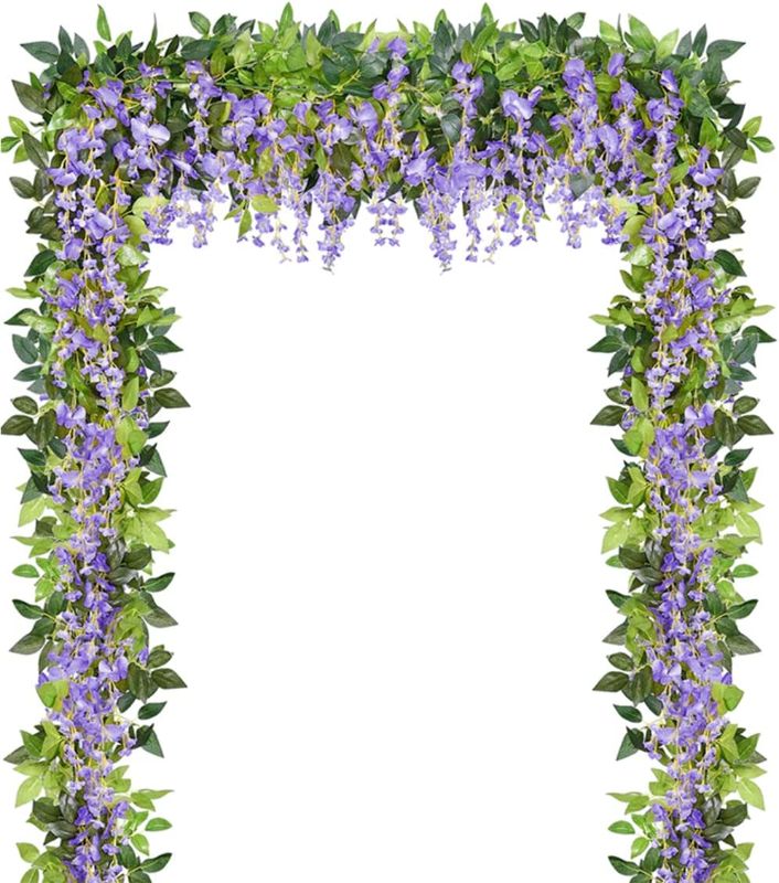 Photo 1 of 5 Pcs Artificial Wisteria Garland Total 32.8Ft Wisteria Vine Rattan Fake Wisteria Vine Flower Garland for Wedding Garden Outdoor Decor (Purple)
