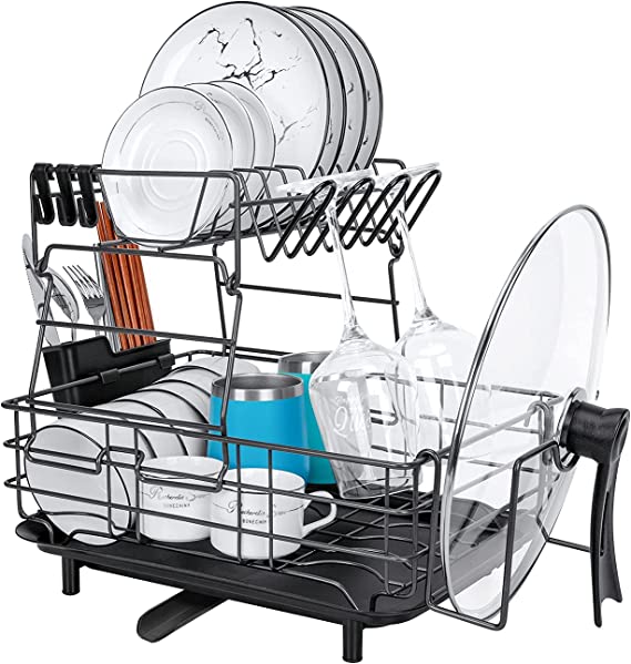 Photo 1 of 2 Tier Dish Drying Rack with Drainboard, Keggs Stainless Steel Dish Rack Rustproof Dish Drainer large Capacity Dish Rack Drainboard Set with 360° Swivel Spout,Utensil Holder for Kitchen Counter, Black