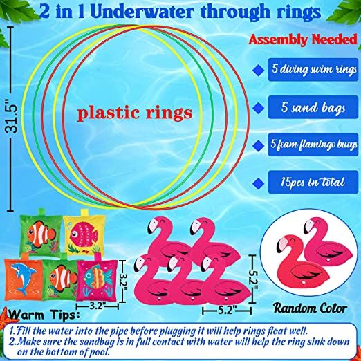 Photo 1 of 15PCS Pool Toys Games Set-5 Diving Through Swim Rings + 5 Flamingo Buoys + 5 Sand Bags for Kids 3,4,5,6,7,8,9,10,11,12 Adults-Swimming Thru Pool Hoop Accessories Water Sport Gifts