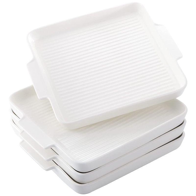 Photo 1 of YOUEON 4 Pack Ceramic Bakeware Dinner Plates with Handles Oven to Table, 10 Inch Matte Glazed Grill Baking Dish Roasting Lasagna Pan Serving Trays, Microware, Dishwasher, Rectangular, White
