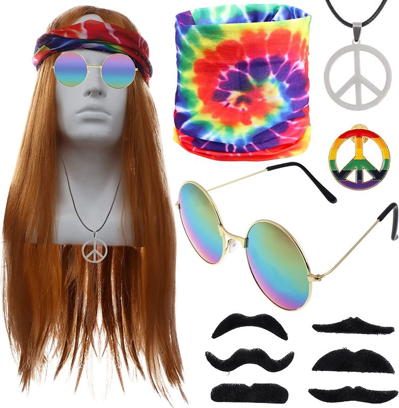 Photo 1 of 11-Pieces Hippie Costume Accessory - Peace Sign Necklaces, Retro Vintage Glasses, Tie-dye Headbands, Hippie Button Pins, Hippie Wig and 6 Mustache for 60s or 70s Hippie Party Favors Halloween Decor
