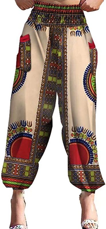 Photo 1 of African Java Print Women Pants Classic Dashiki Big Elastic Waist Trousers with Pockets MEDIUM 
