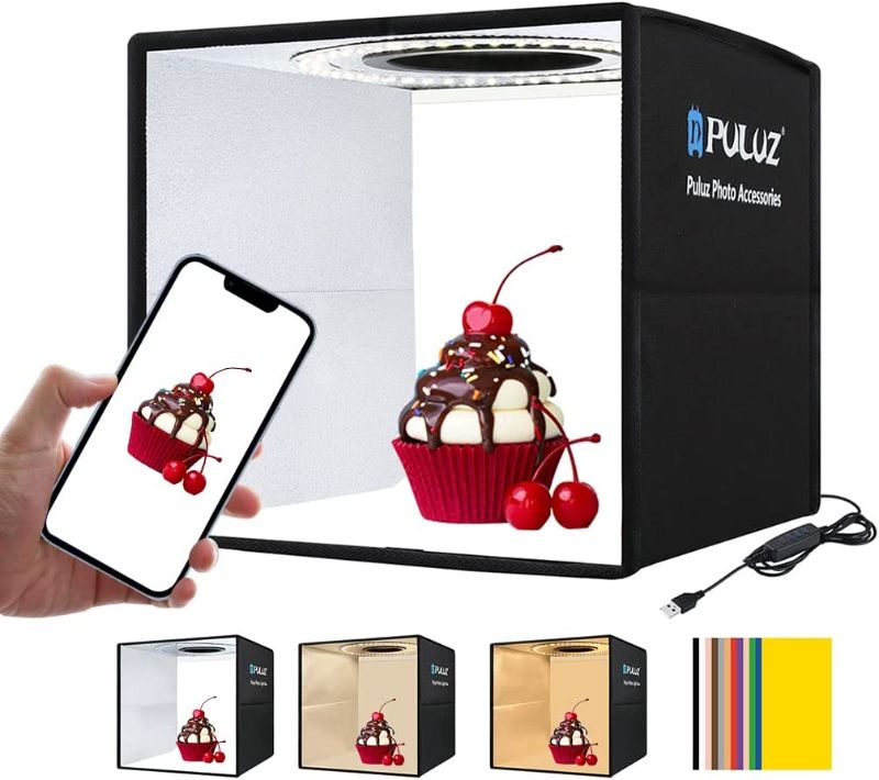 Photo 1 of 9.8 inch/25cm Mini Table Top Light Box Photography, PULUZ Portable Folding 96 LED Photo Studio Light Shooting Tent Kit with 12 Colors Backdrops for Small Size Product
