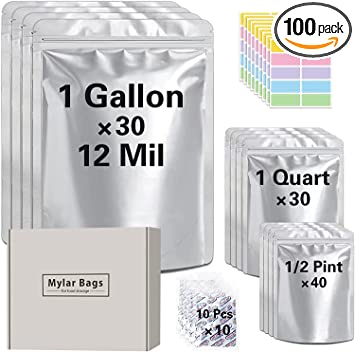 Photo 1 of 100 Packs 12 Mil Mylar Bags with Oxygen Absorbers 400CC, 6 Mil Each Side 1 Gallon 10"x14", 1 Quart 7"x10", 1/2 Pint 5"x7" Resealable Bag Heat Sealable for Long Term Food Storage
