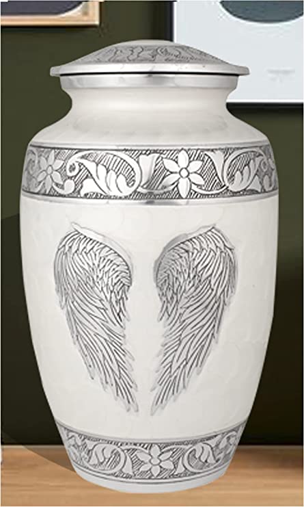 Photo 1 of Angels Threads Decorative Urns, Decorative Urns for Adult Human Ashes, Hand Enameled White with Angled Feathers, 10" Height x 9.75" Diameter, Holds 224 Cubic Inch, Cremation Urns for Adult Ashes
