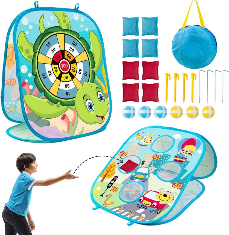 Photo 1 of 3 in 1 Bean Bag Toss Game Set for Kids, Outside Toys for Kids Toddlers Ages 3-5 4-8 4-7, Collapsible Cornhole and Dart Board with 8 Bean Bags, Crab & Turtle Themed, Birthday Gift for Boys Girls (Blue)
