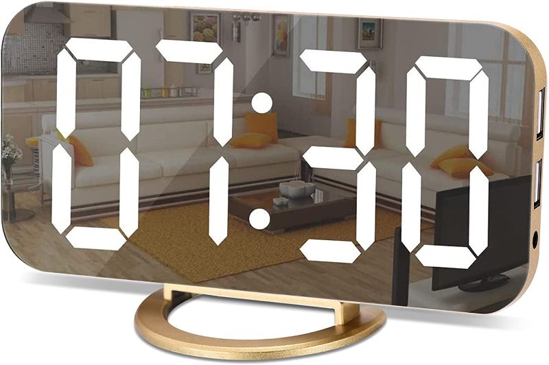 Photo 1 of Digital Alarm Clock,LED and Mirror Desk Clock Large Display,with Dual USB Charger Ports,3 Levels Brightness,12/24H,Modern Electronic Clock for Bedroom Home Living Room Office - Gold
