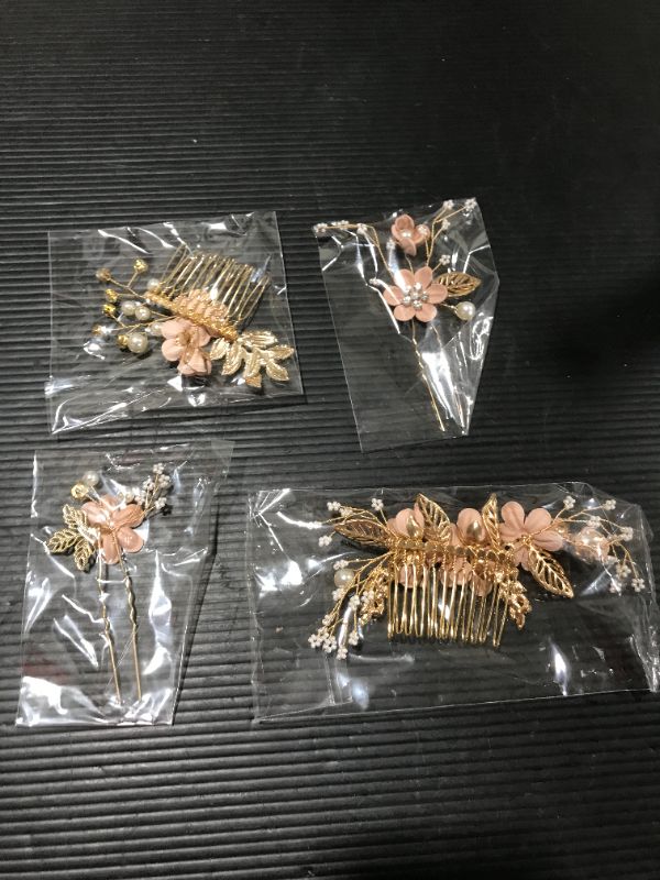 Photo 2 of BOWIN Wedding Hair Comb Pearl Crystal Bride Hair Accessories Hair Side Comb Clips Rose Gold Flower Rhinestone Head Pieces for Bridesmaid Women and Girls, Set of 4 (Pink)
