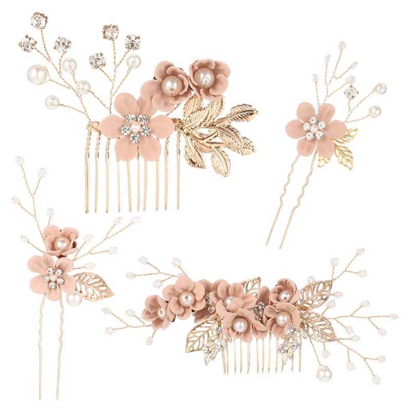 Photo 1 of BOWIN Wedding Hair Comb Pearl Crystal Bride Hair Accessories Hair Side Comb Clips Rose Gold Flower Rhinestone Head Pieces for Bridesmaid Women and Girls, Set of 4 (Pink)
