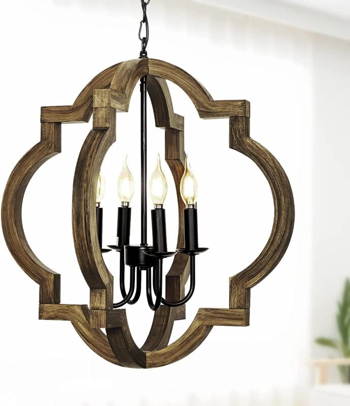 Photo 1 of 21.7" Farmhouse orb Chandelier, 4-Light Adjustable Height Handmade Rustic Wood Light Fixture for Foyer, Dining&Living Room, Kitchen Island, Entryway, Breakfast Area(Colour: Black)

