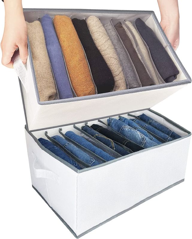 Photo 1 of 2 Pack Upgraded Utility Jeans Organizer for Closet with Handle, 9 Grids White Washable Clothing Compartment Storage Box, Thicken Fabric Foldable Wardrobe Clothes Organizer Pants Tshirt Sweaters
