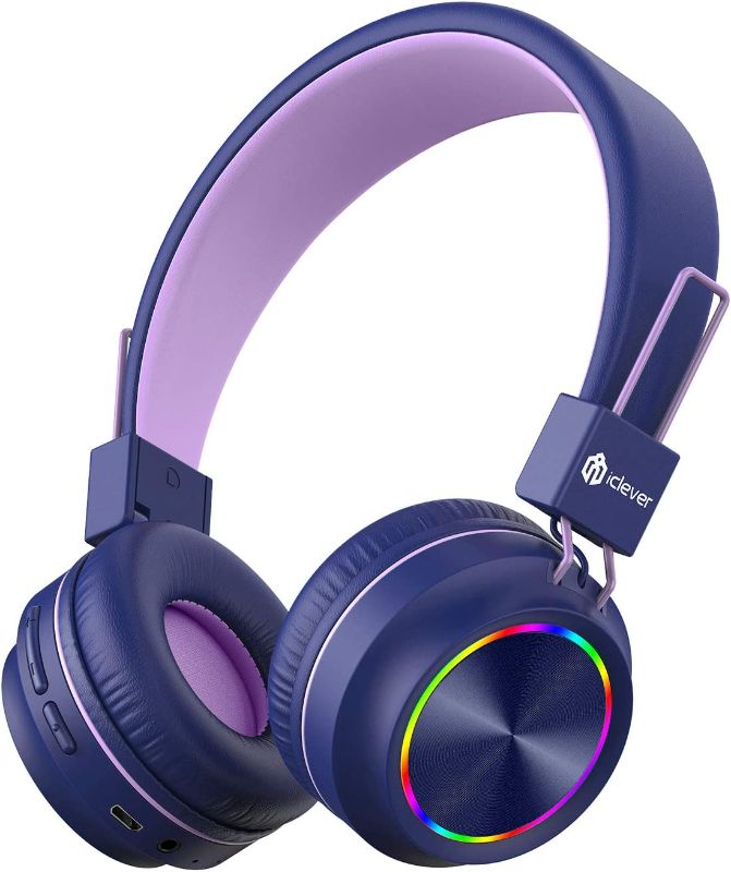 Photo 1 of iClever BTH03 Kids Wireless Headphones, Colorful LED Lights Kids Headphones with MIC, 25H Playtime, Stereo Sound, Bluetooth 5.0, Foldable, Childrens Headphones on Ear for Study Tablet Airplane, Purple
