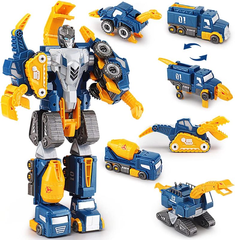 Photo 1 of 5-in-1 Dinosaur Construction Vehicle Toy Magnetic Set, Transform into Huge Robot, Assembling Building Action Figures Kit, Birthday Gift for Kids, Toddler Boy & Girl 3 4 5 6 7 Year Old
