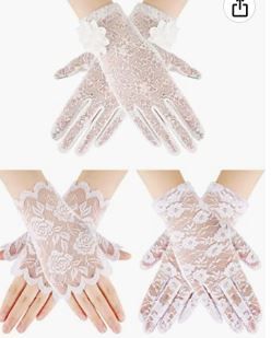 Photo 1 of 3 Pairs Lace Gloves Elegant Short Courtesy Summer Gloves Wrist Length Floral Gloves for Women Girls Wedding Party
