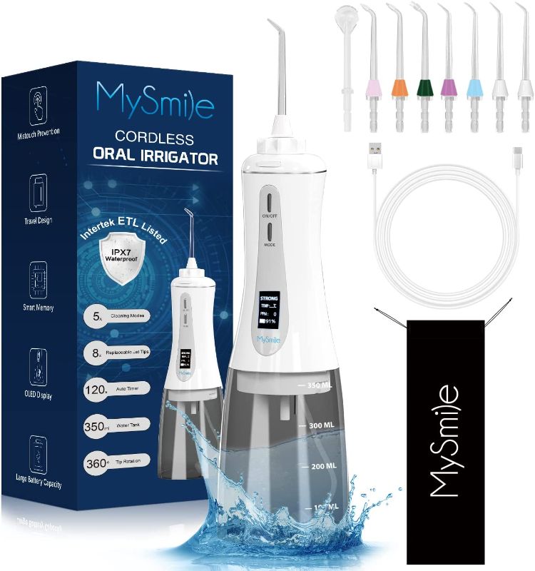 Photo 1 of MySmile Powerful Cordless 5 Modes Water Dental Flosser Portable OLED Display Oral Irrigator with 8 Replaceable Jet Tips and 350 ML Detachable Water Tank for Home Travel Use (White)
