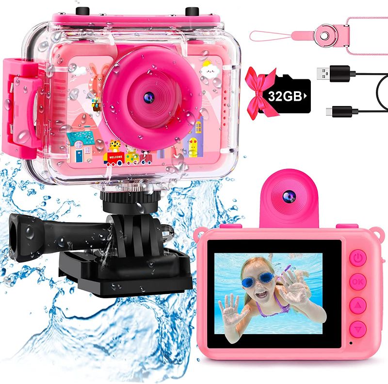 Photo 1 of GKTZ Kids Waterproof Camera - 180 Rotatable 1080P HD Children Digital Action Camera Underwater Camera with 32GB SD Card, Birthday Gift Toys for Girls Age 3-14
