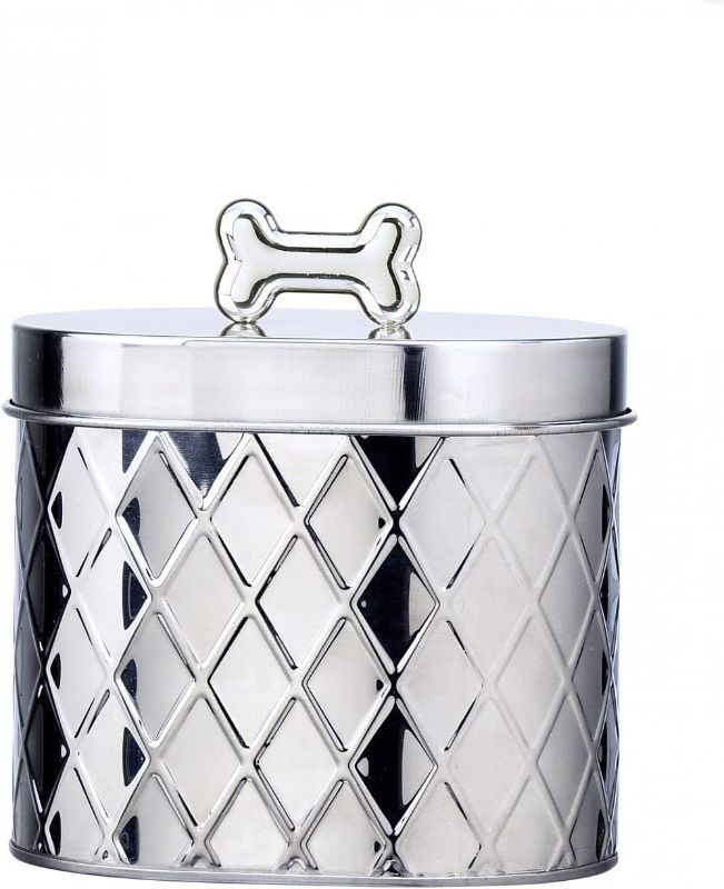 Photo 1 of Amici Pet, , Chance Oval Metal Treats Storage Canister, Stainless Steel Diamond Texture, Silver Tone Bone Knob, Food Safe, 52 Ounces
