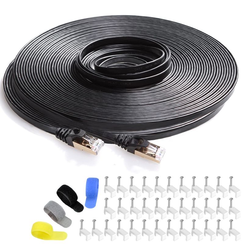 Photo 1 of Cat7 Shielded Ethernet Cable 100ft (Highest Speed Cable) Flat Ethernet Patch Cable Support Cat5/Cat6 Network,600Mhz,10Gbps - Black Computer Cord + Free Clips and Straps for Router Xbox