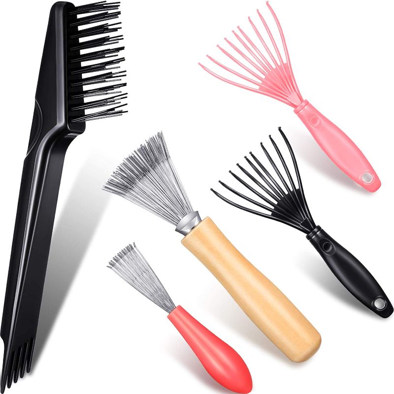 Photo 1 of 5 Pieces Comb Cleaner Tool Set Hair Brush Cleaner Rake Comb Cleaning Brush Remove Comb Embedded Tool for Removing Hair Dust Different Combs Home and Salon Use
